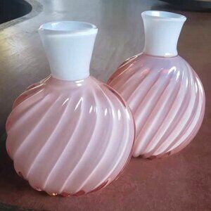 2 Larry Laslo for Mikasa Pink Ribbed Opal White topped Art Glass Vases